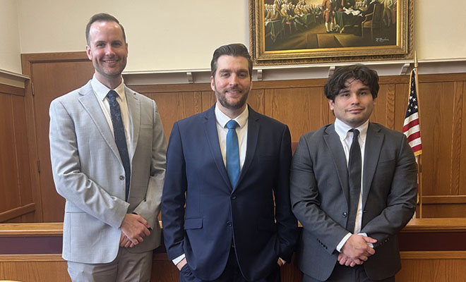 57th Annual Roger J. Traynor California Appellate Moot Court Competition Team  (L-R) Bradley Rutledge (Law ’26), Benjamin Arcure (3L) and Sergio Lopez (Law ’26).